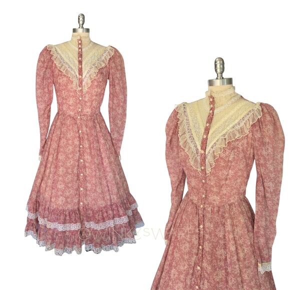 Gunne Sax Dresses & Skirts - Gunne Sax Vintage 70s Pink Calico Midi Dress Size 11 S Lace Floral Prairie
